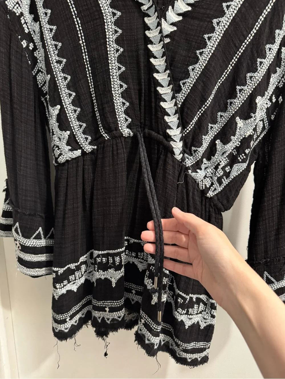 Free People Black Tunic with White and Blue Embroidered Trim